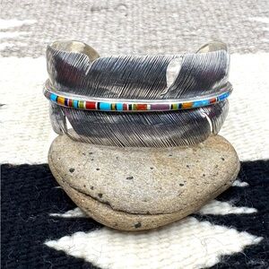Native American Sterling Silver Multi Stone Inlay Feather Cuff Bracelet 7"